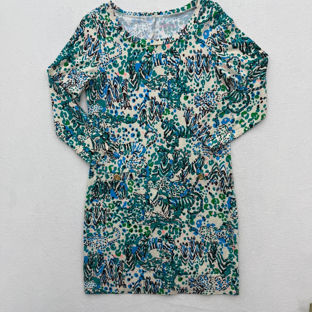 Lilly Pulitzer Women's M Medium Shift Dress Green‎ Blue Long Sleeve Pima Cotton